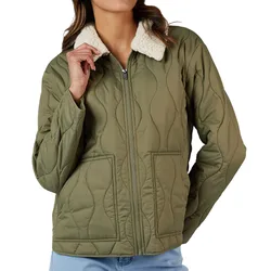 Olive green quilted jacket with a full zip front, two pockets, and a white sherpa collar, worn over light blue jeans.