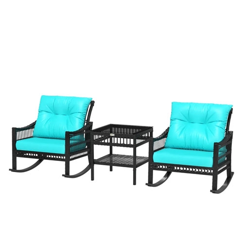 3-piece outdoor set with two black rattan rocking chairs featuring turquoise cushions and a matching black side table.