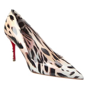 Miss Z 80 Leather Pump features a leopard print design with a pointed toe and stiletto heel, accented by a signature red sole.