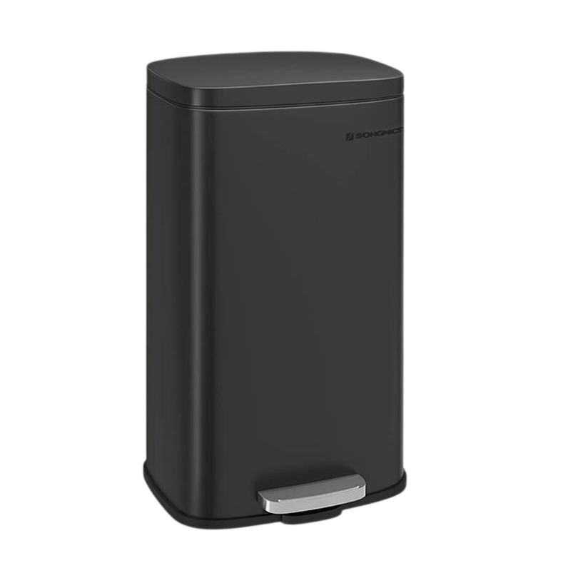 A black rectangular pedal trash can with a silver foot lever, featuring a sleek design suitable for modern interiors.