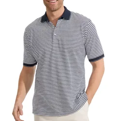 A man is wearing a short-sleeved, striped polo shirt with navy and white horizontal lines, featuring a dark navy collar and sleeve cuffs.