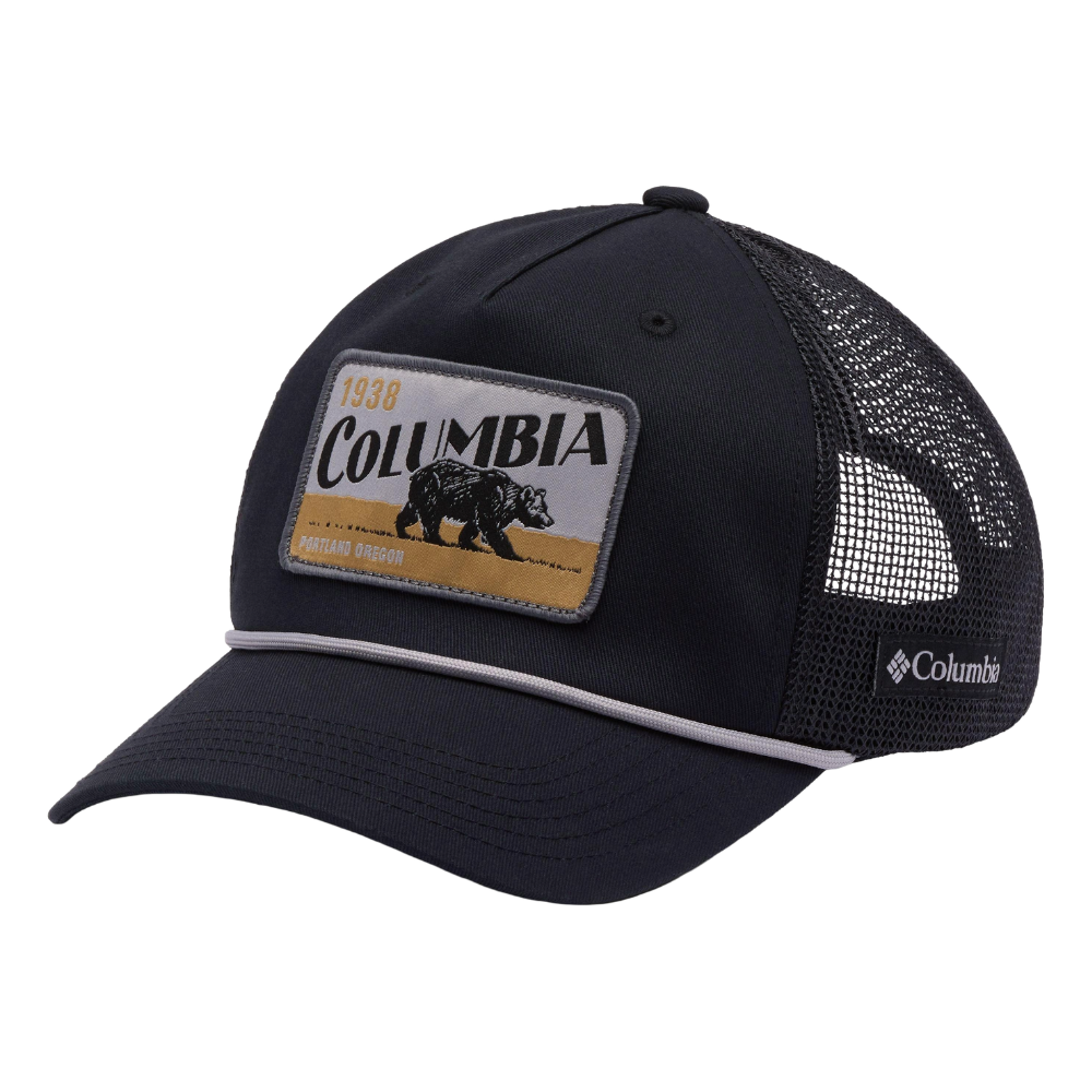 Columbia mesh trucker hat with a front patch featuring a bear image, \“Columbia 1938,\“ and \“Portland Oregon.\“ The hat has a curved brim with a white piping detail.