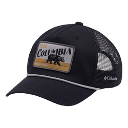 Columbia mesh trucker hat with a front patch featuring a bear image, \“Columbia 1938,\“ and \“Portland Oregon.\“ The hat has a curved brim with a white piping detail.