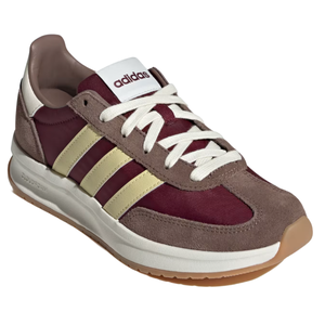Adidas sneaker with a maroon and taupe color scheme, featuring beige stripes, white laces, and a gum sole.