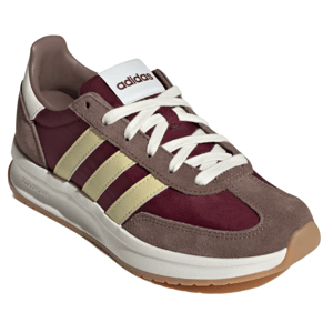 Adidas sneaker with a maroon and taupe color scheme, featuring beige stripes, white laces, and a gum sole.