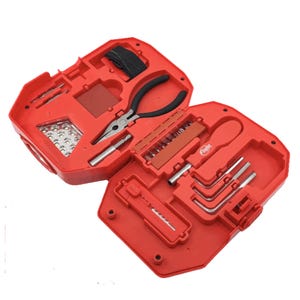 A red tool kit containing a variety of tools, including pliers, Allen wrenches, a utility knife, and a screwdriver set.