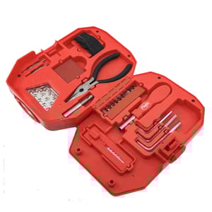 A red tool kit containing a variety of tools, including pliers, Allen wrenches, a utility knife, and a screwdriver set.