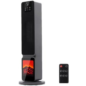 26\“ electric tower heater with a digital display and remote control, featuring a 3D flame effect at the base for visual ambiance.