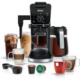 A Ninja coffee maker with various drink options including iced coffee, hot coffee, and tea is shown, along with coffee pods, ground coffee, and measuring accessories.