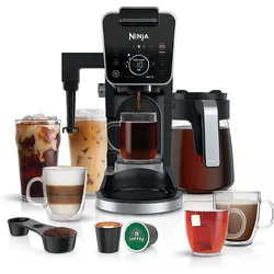 A Ninja coffee maker with various drink options including iced coffee, hot coffee, and tea is shown, along with coffee pods, ground coffee, and measuring accessories.