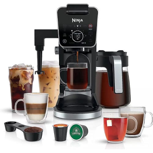 A Ninja coffee maker with various drink options including iced coffee, hot coffee, and tea is shown, along with coffee pods, ground coffee, and measuring accessories.
