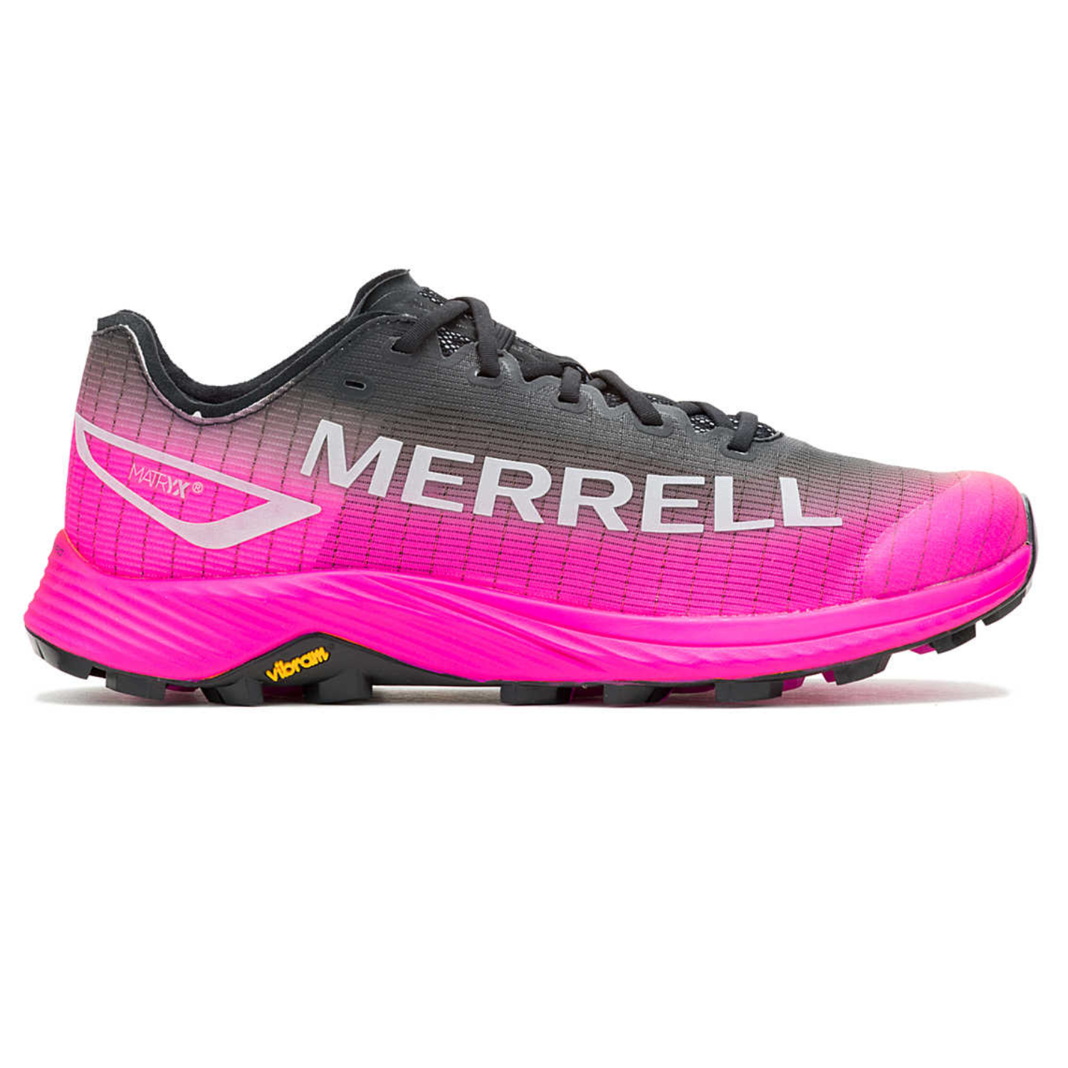Pink and black Merrell running shoe with Vibram sole and MATRYX technology.