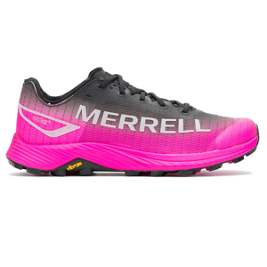 Pink and black Merrell running shoe with Vibram sole and MATRYX technology.