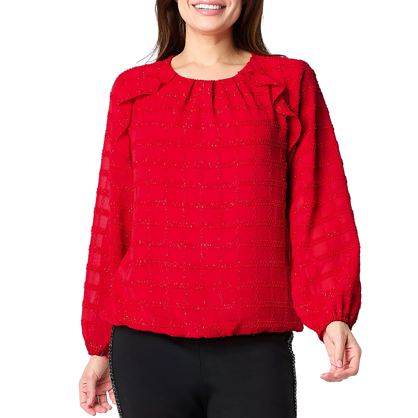 The Liz Claiborne Glimmer Top is a red, long-sleeve blouse with a textured checkered pattern and subtle sparkle. It features a round neckline with gathered detailing.