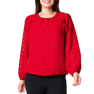 The Liz Claiborne Glimmer Top is a red, long-sleeve blouse with a textured checkered pattern and subtle sparkle. It features a round neckline with gathered detailing.