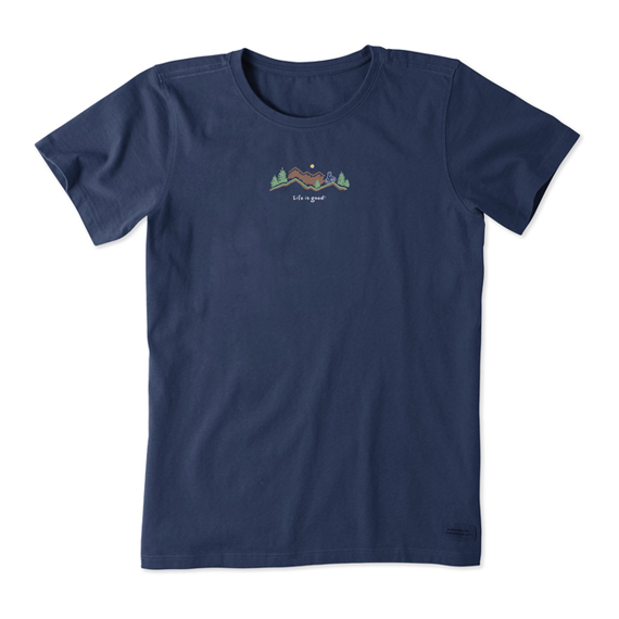 Navy blue short-sleeve t-shirt with a small graphic of a bicycle over mountains and the words \“Life is good\“ on the chest.