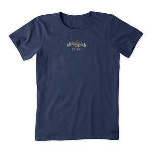 Navy blue short-sleeve t-shirt with a small graphic of a bicycle over mountains and the words \“Life is good\“ on the chest.
