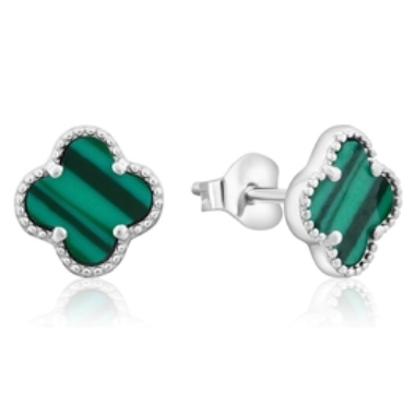 Silver Clover Studs feature a clover-shaped design with green striped malachite inlays, set in a silver frame with beaded edging. They have a simple post-back closure.