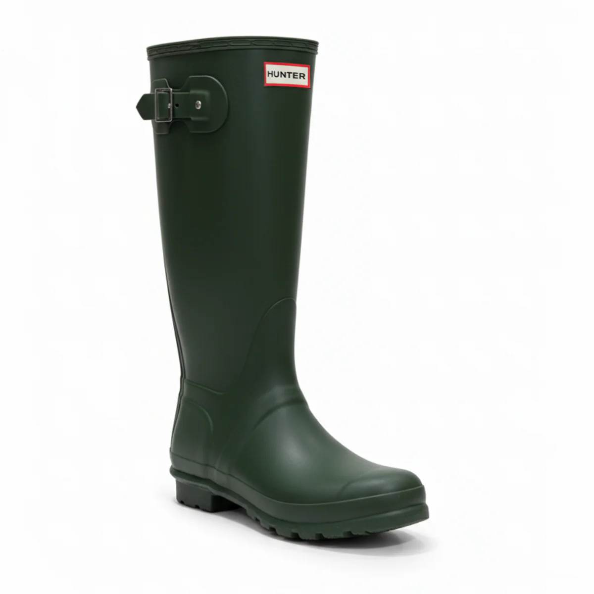 Dark green knee-high rubber rain boot with a buckle strap and \“Hunter\“ logo.