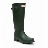 Dark green knee-high rubber rain boot with a buckle strap and \“Hunter\“ logo.