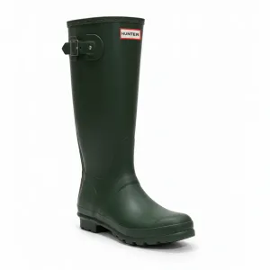 Dark green knee-high rubber rain boot with a buckle strap and \“Hunter\“ logo.