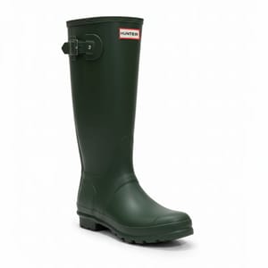 Dark green knee-high rubber rain boot with a buckle strap and \“Hunter\“ logo.