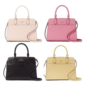 Four handbags in light pink, bright pink, black, and light yellow with dual handles and shoulder straps.