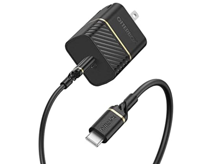 A black OtterBox USB-C charger with a power adapter and cable features gold accents.