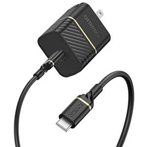 A black OtterBox USB-C charger with a power adapter and cable features gold accents.