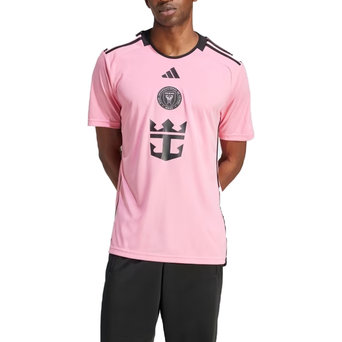 Pink Adidas Messi Miami Jersey with black accents; features Inter Miami CF logo and a bold crown design on the front, complemented by short sleeves and a comfortable fit.
