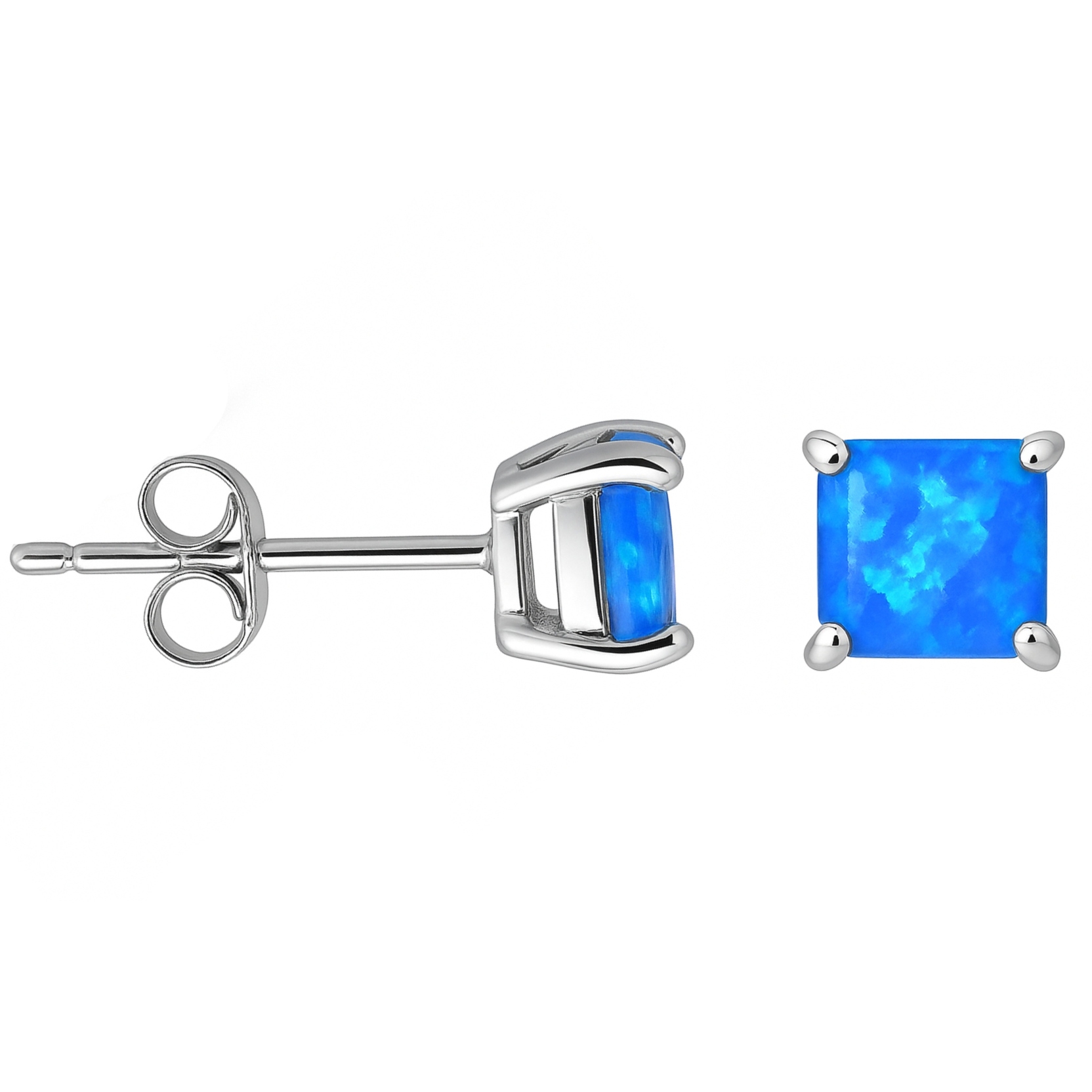 Stud earrings featuring square-cut blue gemstones set in a silver prong setting with a standard push-back closure.