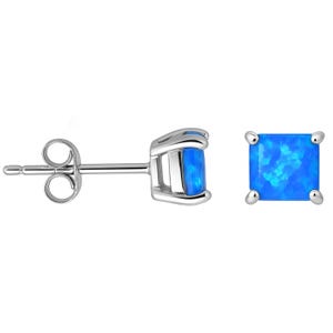 Stud earrings featuring square-cut blue gemstones set in a silver prong setting with a standard push-back closure.