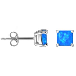 Stud earrings featuring square-cut blue gemstones set in a silver prong setting with a standard push-back closure.