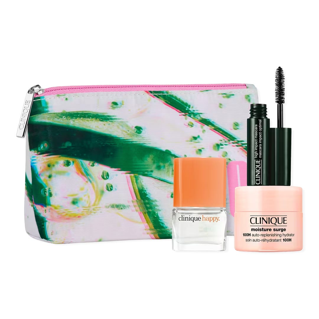 Clinique 4-Piece Set includes a colorful makeup bag, Clinique Happy perfume, Lash Power Mascara, and Moisture Surge 100H Auto-Replenishing Hydrator.