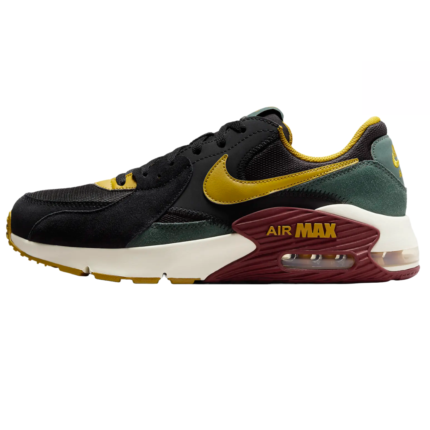 Nike Air Max Excee Shoes feature a black, gold, and maroon color palette with a visible Air unit in the heel, gold Swoosh, and a mix of suede and mesh materials for a stylish and comfortable design.