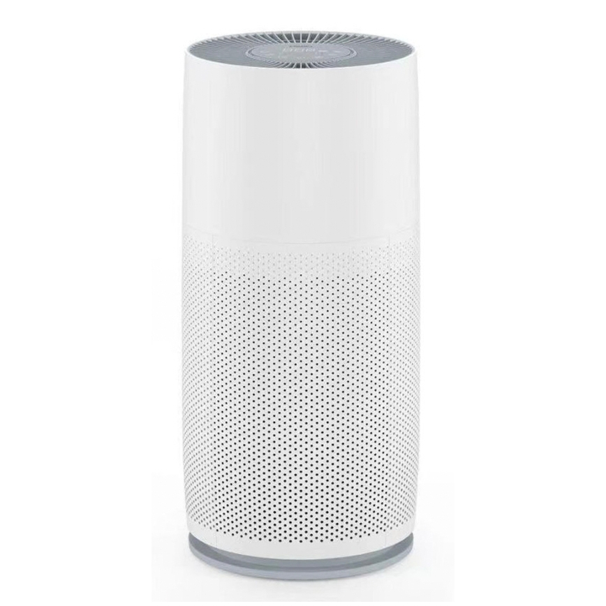 A cylindrical air purifier with a white casing, featuring a perforated lower half for air intake and a vented top for air output. It uses a True HEPA filter to remove airborne particles.