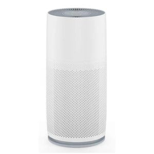 A cylindrical air purifier with a white casing, featuring a perforated lower half for air intake and a vented top for air output. It uses a True HEPA filter to remove airborne particles.