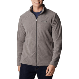 A man wearing a gray full-zip fleece jacket with the Columbia brand logo on the chest.