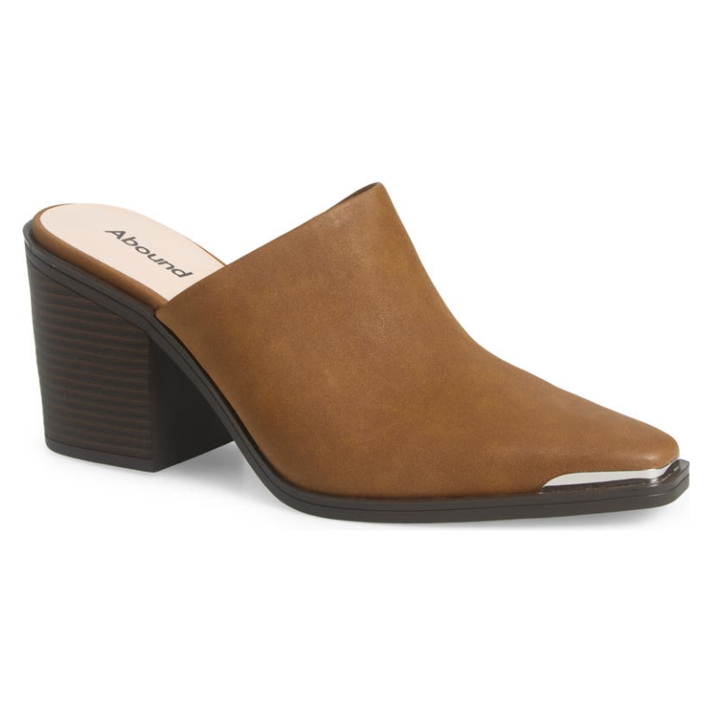 Brown leather mule heels with a squared toe and a block heel, featuring a silver accent at the toe edge.