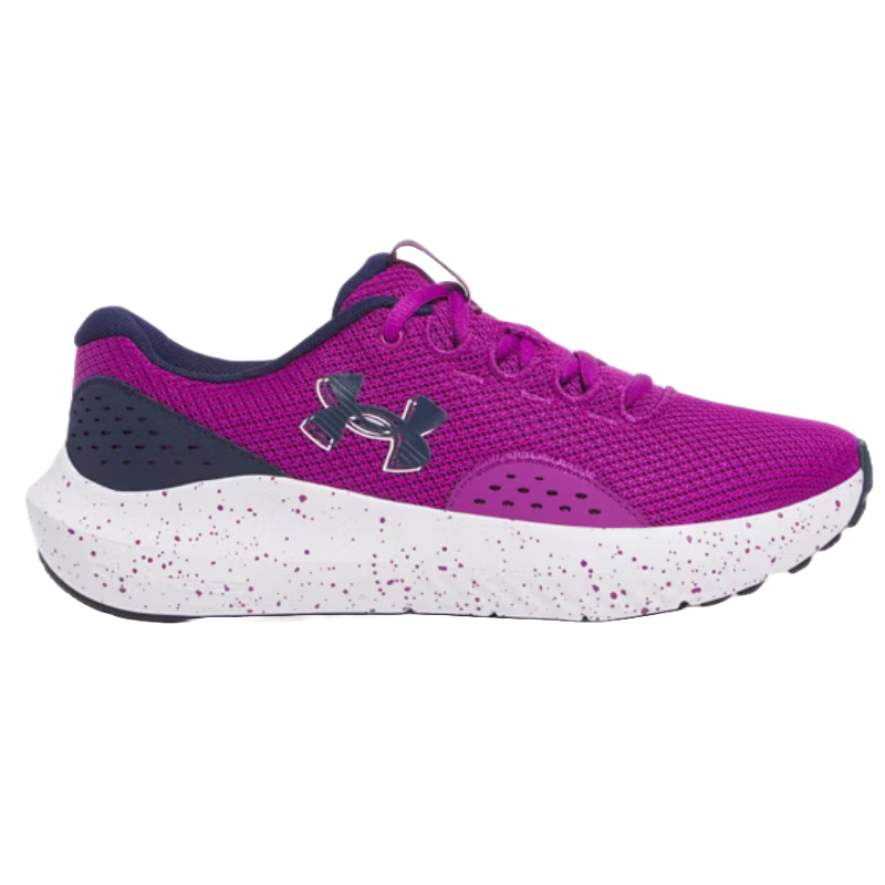 Purple Under Armour sneaker with a perforated mesh upper, white speckled midsole, and a blue logo on the side.