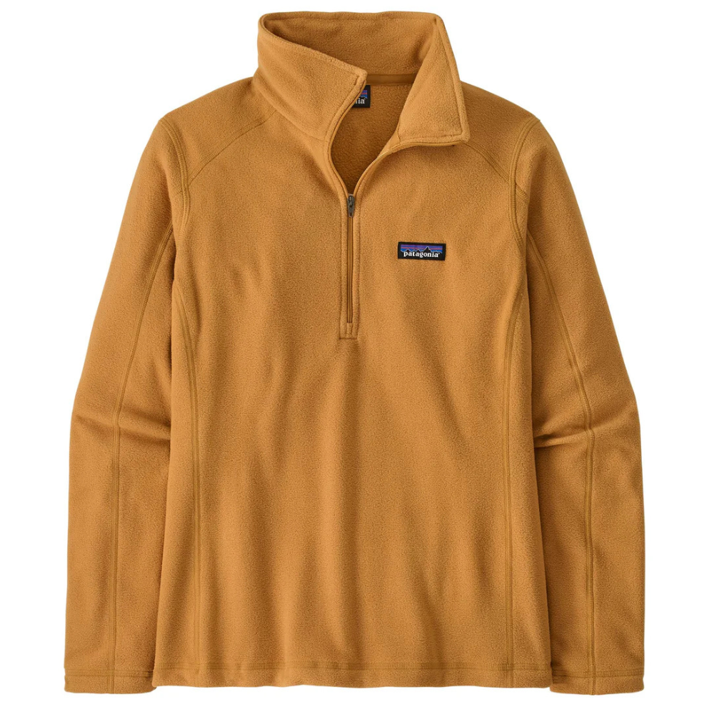 A mustard-colored Patagonia fleece pullover with a quarter-zip and stand-up collar, featuring the brand's logo patch on the left chest.