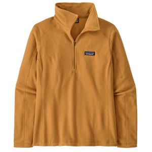 A mustard-colored Patagonia fleece pullover with a quarter-zip and stand-up collar, featuring the brand's logo patch on the left chest.