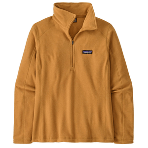 A mustard-colored Patagonia fleece pullover with a quarter-zip and stand-up collar, featuring the brand's logo patch on the left chest.