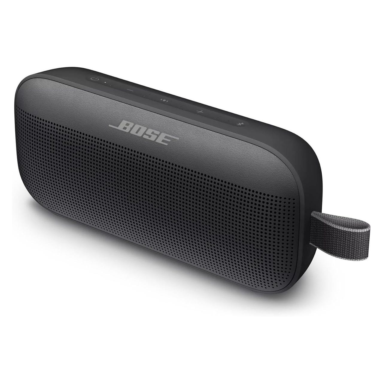 A Bose portable Bluetooth speaker with a sleek black design and a strap for easy carrying.