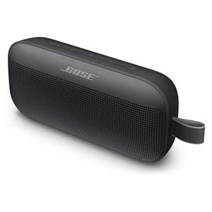 A Bose portable Bluetooth speaker with a sleek black design and a strap for easy carrying.