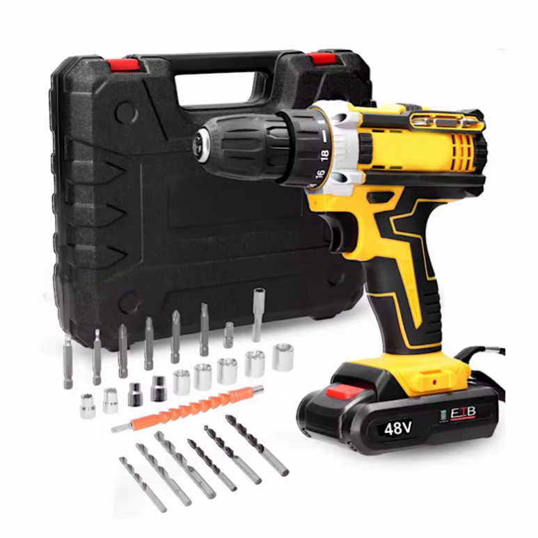Cordless power drill set with 48V battery, various drill bits, screwdriver heads, and a flexible extension, housed in a black carrying case.