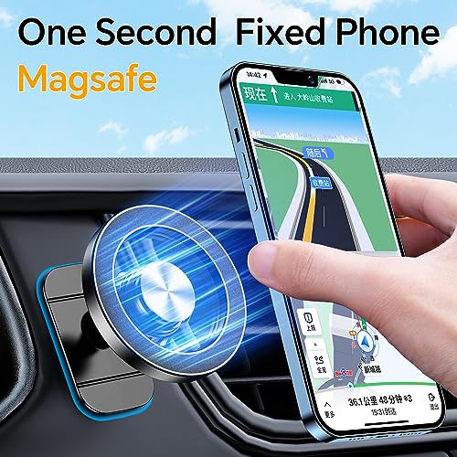 A MagSafe-compatible car mount holds a smartphone, using magnetic attachment for quick phone fixation to a vehicle's dashboard.