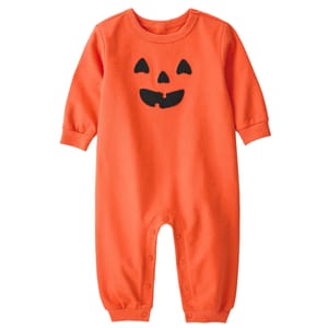 Orange baby romper with a black jack-o'-lantern face design on the front, featuring long sleeves and snaps at the legs for easy changing.