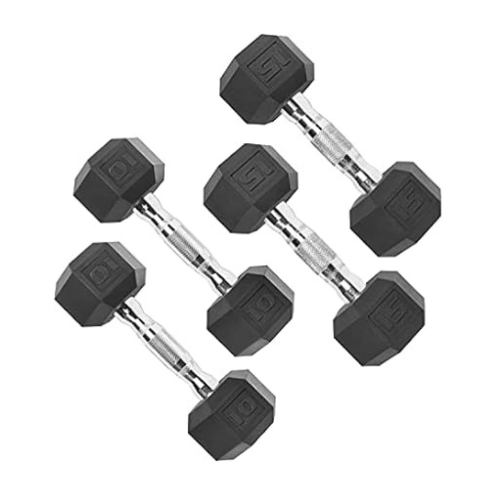 Three pairs of hex dumbbells with rubber-coated heads and textured handles. Each dumbbell is marked with a \“10\“ indicating the weight.