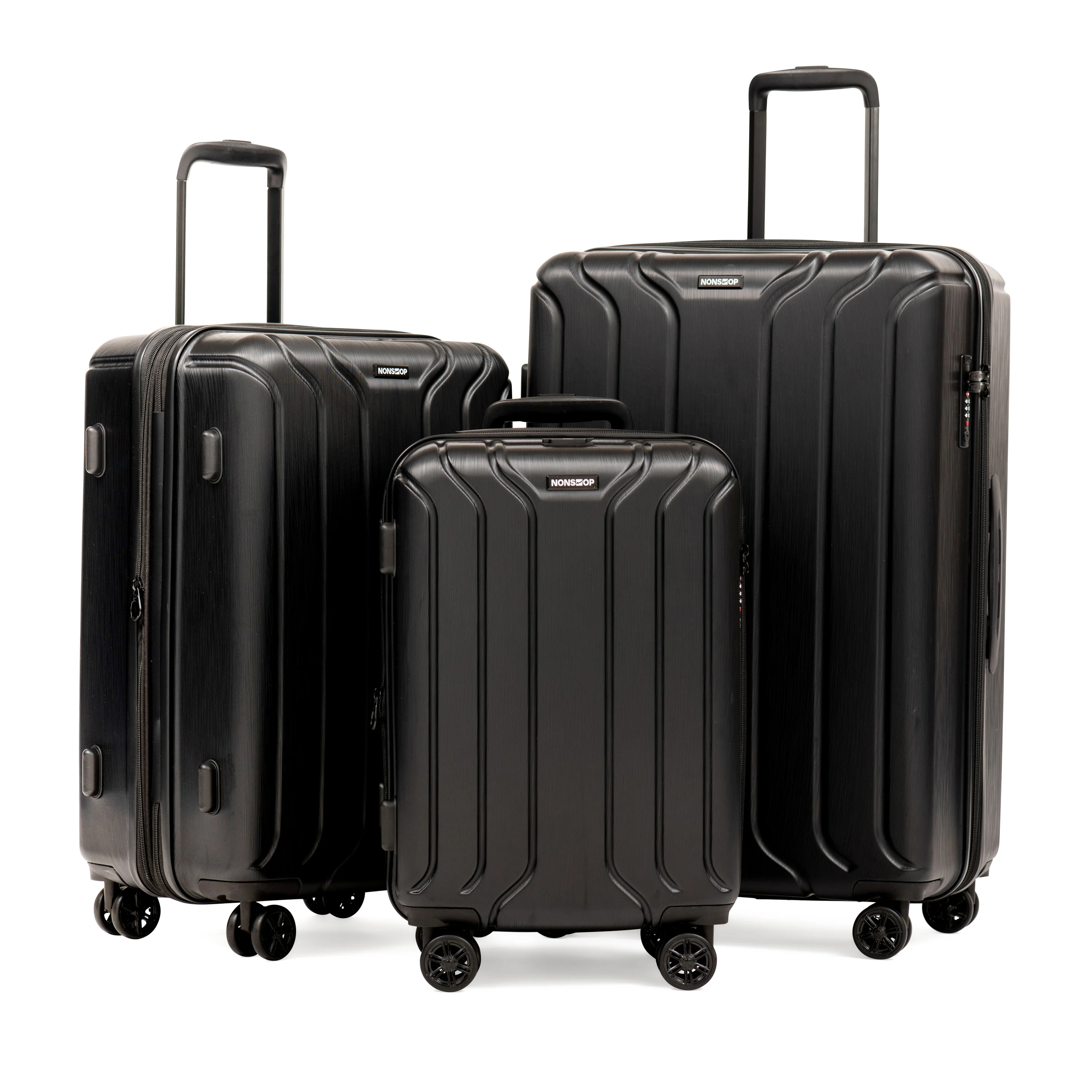 Three black hard-shell suitcases of varying sizes with four wheels and telescopic handles are shown.